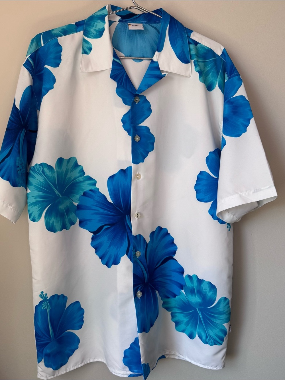 Blue-J Aloha Blue Floral Hibiscus Tropical Button-Down Shirt - Men’s Large